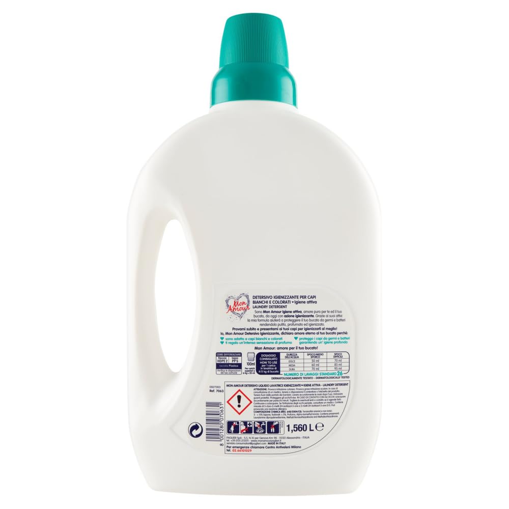 FELCE AZZURRA Mon Amour Igiene Attiva Detersivo Igienizzante, Igienizzante, Detersivo Liquido Igienizzante, Igiene per Vestiti Colorati, 26 lavaggi, 1,560 l