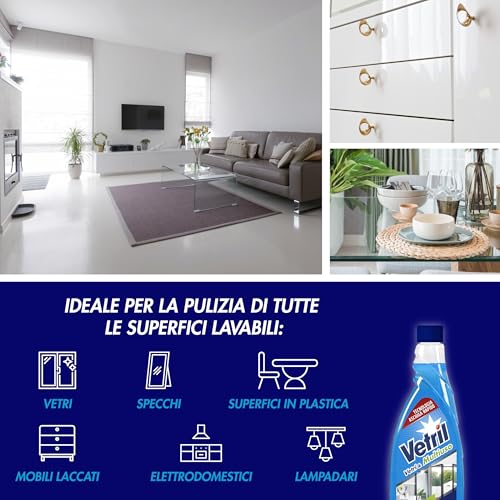 Vetril - Ricarica per Detergente Spray Vetri e Multiuso con Ammoniaca, Azione Sgrassante e Tecnologia Asciuga Rapido, in Ecoflacone, 650 ml x 12 Pezzi