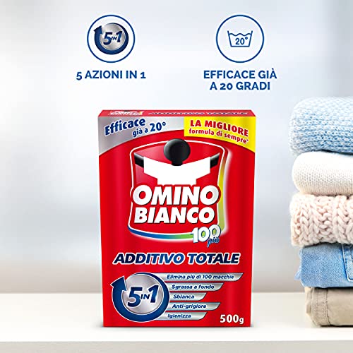 Omino Bianco - Additivo Lavatrice Totale 5 Azioni in 1 in Polvere per Bucato, Azione Smacchiante e Igienizzante, 500 g