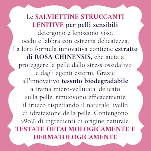 Acqua alle Rose, Salviettine Struccanti Lenitive per Pelli Sensibili, con Estratto di Rosa Chinensis con Azione Protettiva e Struccante sul Viso, Occhi e Labbra, 20 Salviettine