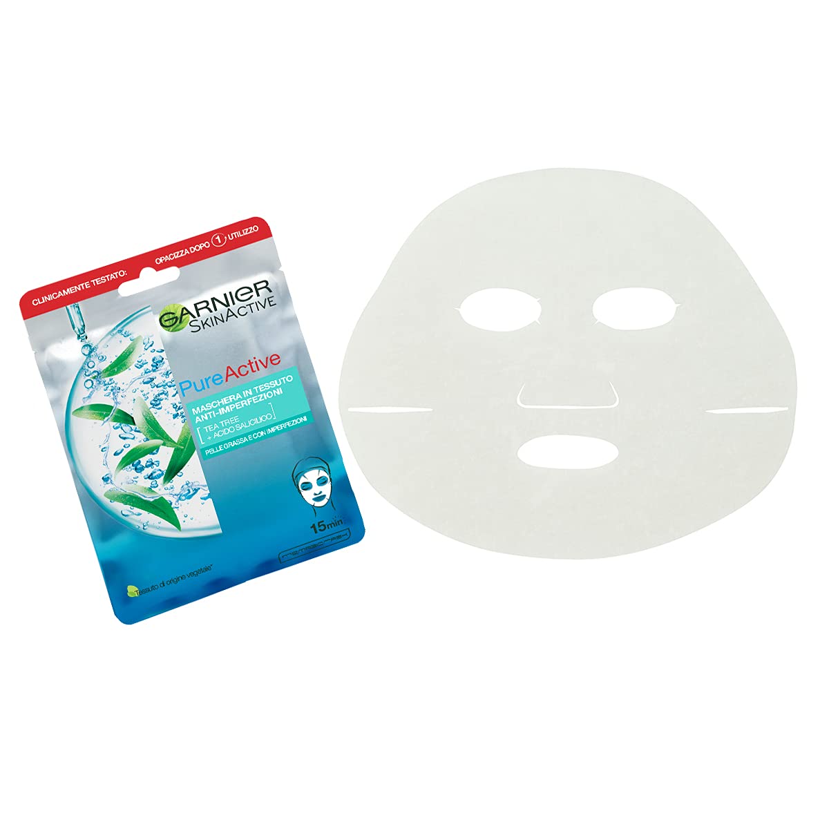 Garnier SkinActive, Maschera in tessuto anti-imperfezioni e idratante Pure Active, Per pelli grasse con imperfezioni, Confezione da 5