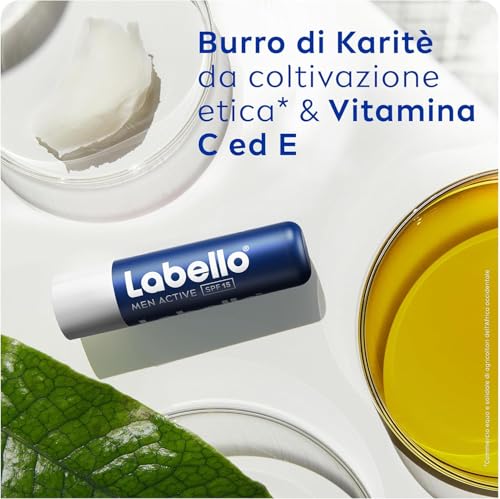 Labello Active For Men 4.8 g, Burrocacao labbra SPF15, Balsamo labbra idratante con burro di karité e oli naturali, Burrocacao protezione solare fondente sulle labbra