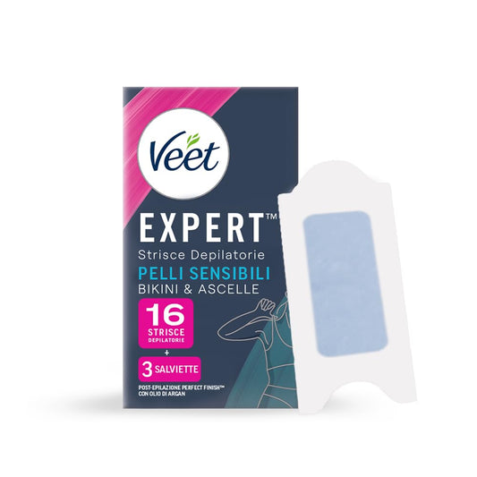 Veet Expert Strisce Depilatorie Ascelle e Zona Bikini, Ceretta per Pelli Sensibili con Olio di Mandorla, Dermatologicamente Testate, 16 Strisce (8x2 Strisce) + 3 Salviette Post-Epilazione