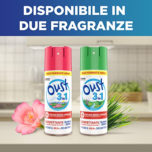 Oust 3 in 1 Spray Elimina Odori Disinfettante per Tessuti d'Arredo e Superfici, Uccide il 99,9% dei Batteri, 1 Confezione da 400ml