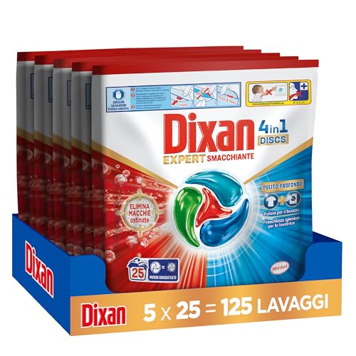 Dixan DISCS 4in1 Expert Smacchiante Detersivo Lavatrice (25 Lavaggi), Capsule lavatrice per una pulizia profonda del bucato e freschezza igienica per la lavatrice, Rimuove le macchie da 20°C.