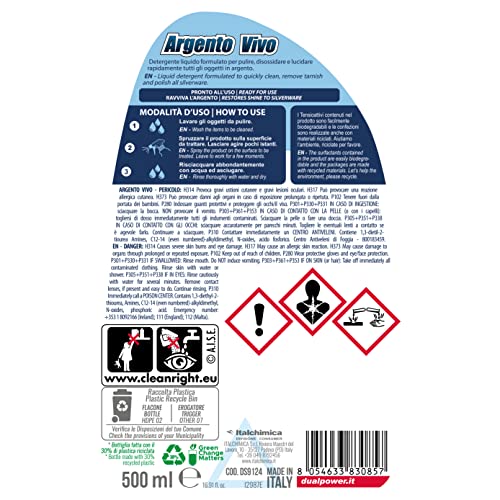 Dual Power, Pulitore Specifico Argento Vivo, Detergente Liquido Ideato per Pulire e Lucidare Qualsiasi Superficie in Argento, Azione Antiossidante, Made in Italy