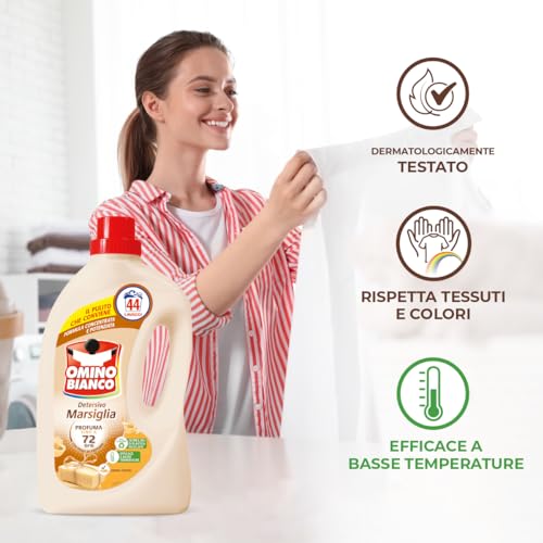 Omino Bianco - Detersivo Lavatrice Liquido, 44 Lavaggi, Rispetta Colori e Tessuti, Fresco Profumo con Essenza Cuore di Marsiglia, 1760 ml