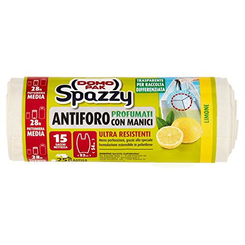 Domopak - Spazzy, Sacchi Nettezza Ultra Resistenti, Profumati al Limone, con Manici, 52x54 cm - 6 confezioni da 15 sacchi [90 sacchi]