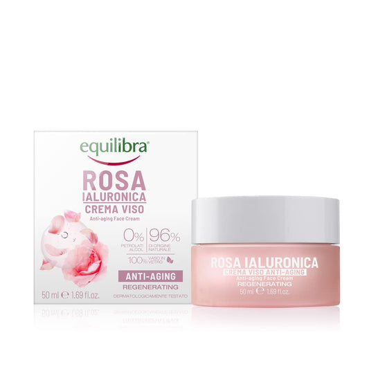 Equilibra Viso, Rosa Ialuronica Crema Viso Anti-aging a Base di Estratto di Rosa Damascena e Acido Ialuronico, Idratante e Levigante, Assorbimento Rapido, Non Unge, 50 ml