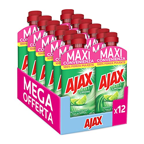 Ajax Detersivo Pavimenti Limone Ultra Sgrassante, Formula più Efficace, Agisce Contro Ogni Tipo di Sporco, Igiene e Pulito Brillante, 100% Efficace Sullo Sporco, 12 X 650 ml