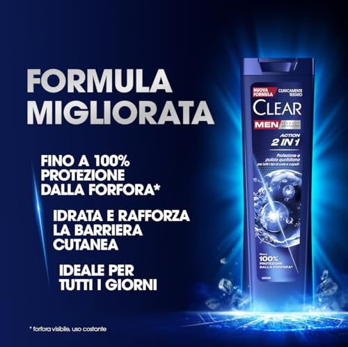 Clear Shampoo Action 2in1, Shampoo Antiforfora con Niacinamide ed Agenti Attivi Condizionanti, Shampoo Uomo Adatto per Uso Quotidiano, Fino a 100% Protezione dalla Forfora*, Formato 225ml