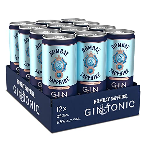 Bombay Sapphire Premium Gin & Tonic, Vol. 6,5%, 12 x 25 cl / 250 ml, cocktail pronto da bere premiscelato in lattina, London Dry Gin infuso al vapore, aromi naturali e acqua tonica premium