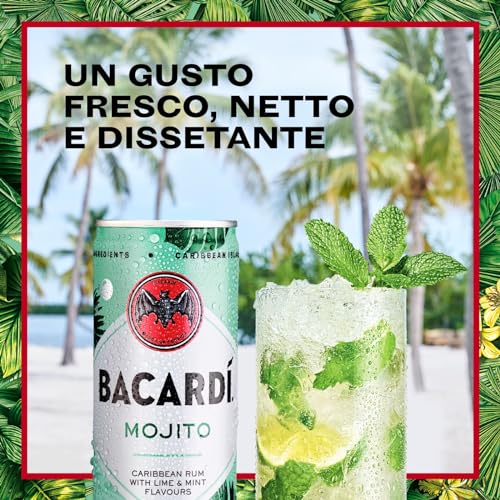BACARDÍ Mojito, Vol. 5%, 12 x 25 cl / 250 ml, cocktail premixato pronto da bere in lattina, creato con Rum BACARDÍ Carta Blanca e miscelato con Lime e Menta