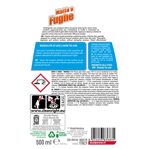 Dual Power, Pulitore Muffa e Fughe, Detergente con Ossigeno Attivo ad Azione Sbiancante, Senza Cloro, Sgrassa a Fondo Senza Intaccare le Ceramiche, Made in Italy
