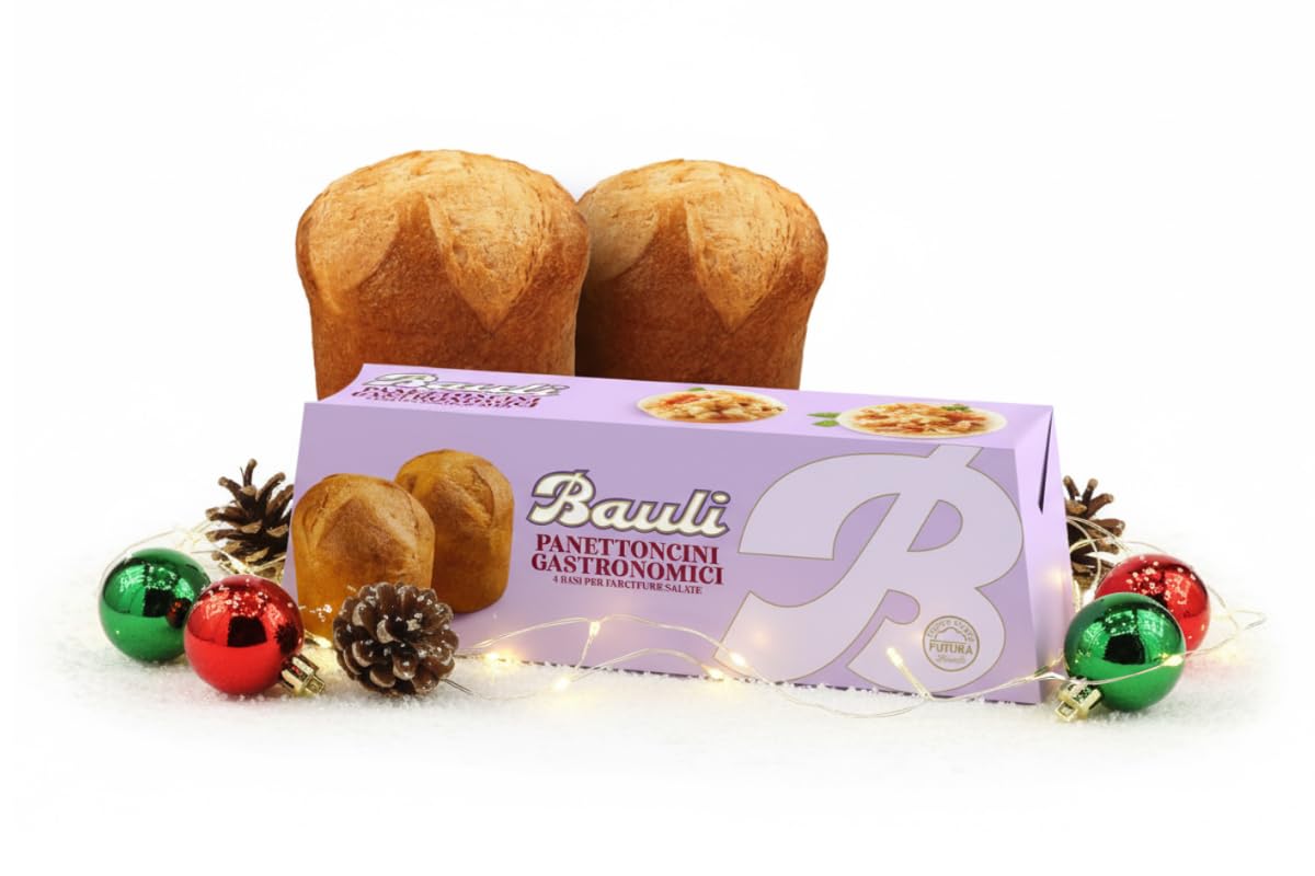 Panettoncini Bauli Gastronomici è una confezione da 3 mini panettoni salati da 320g ciascuno, senza canditi né uvetta, ideali per farciture salate.