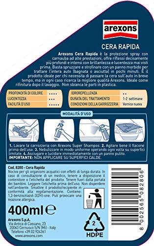 AREXONS Cura Auto, Cera Rapida Lucidante Protettivo Spray, Trattamento Auto con Azione Lucidante e Protettiva, Previene l'Invecchiamento, Non Sbianca