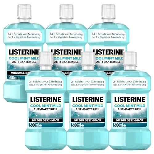 LISTERINE Cool Mint Mild (6 x 500 ml), collutorio antibatterico con oli essenziali e senza alcool, collutorio combatte efficacemente i batteri, perfetto complemento per la cura dentale quotidiana