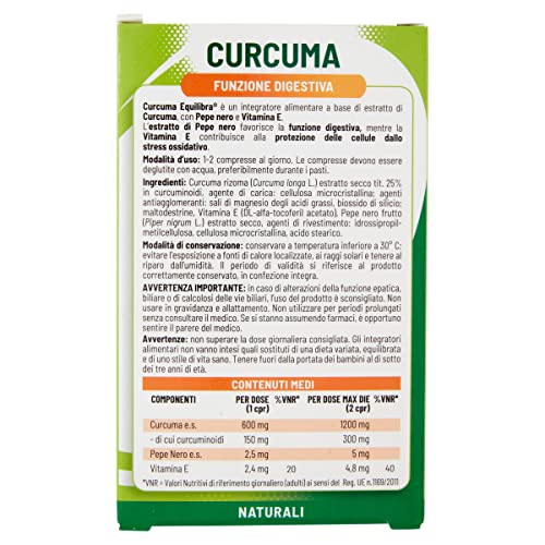 Equilibra Integratori Alimentari, Curcuma con Pepe Nero e Vitamina E, Favorisce la Funzione Digestiva, per la Protezione delle Cellule dallo Stress Ossidativo, 20 Compresse