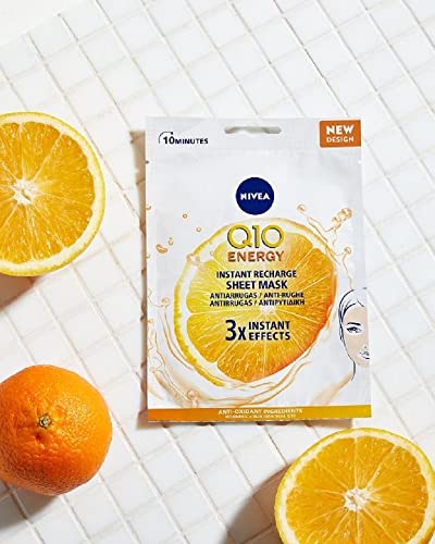 NIVEA Maschera viso antirughe Visage Q10 Plus, Maschera viso idratante in tessuto con 2 antiossidanti Q10 e Vitamina C, Maschera viso Vitamina C e Q10 anti-age