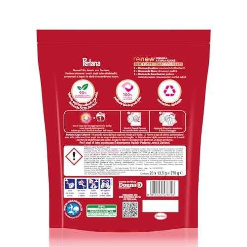 Perlana Detersivo Colorati Caps (6 confezioni da 20 Caps), Detersivo lavatrice capsule per tutti i capi colorati, Detersivo colorati per pulizia delicata e colori e fibre rinnovati