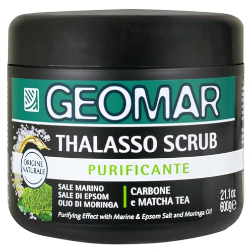 GEOMAR | Reinigendes Thalasso-Peeling, mit Meersalz, Bittersalz, Moringa-Öl und Extrakten aus Holzkohle und Matcha-Tee, 95% Natürlichen Ursprungs, Made in Italy, 600 g
