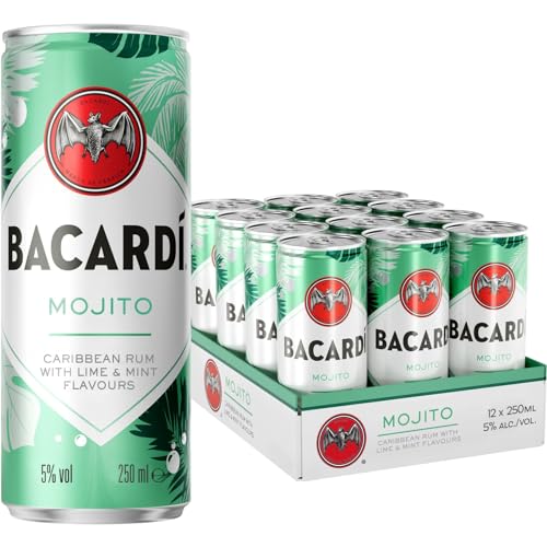 BACARDÍ Mojito, Vol. 5%, 12 x 25 cl / 250 ml, cocktail premixato pronto da bere in lattina, creato con Rum BACARDÍ Carta Blanca e miscelato con Lime e Menta