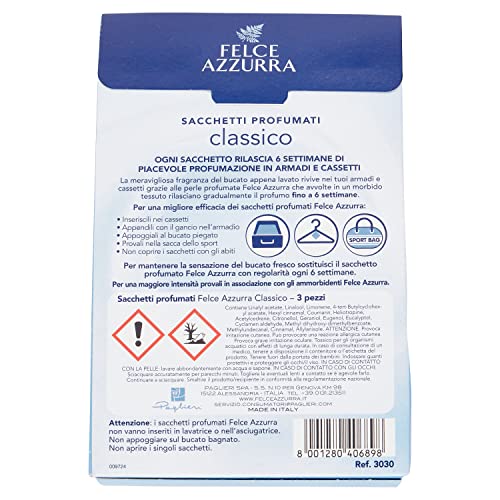 Felce Azzurra - 3 Sacchetti Profumati Classico, Profumatore per Ambienti Piccoli, Armadio, Cassetti, Valigia, Borsone Palestra, Profumatore Ambiente per 6 Settimane di Profumo, Profumatori Appendibili
