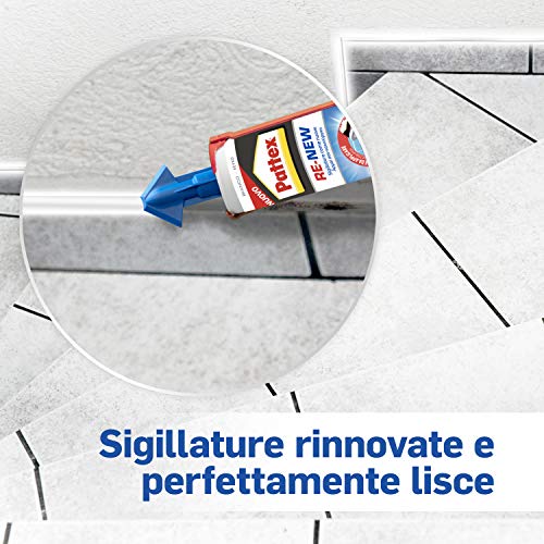 Pattex RE-NEW Bianco, Silicone Sigillante Bianco per Rinnovare le Sigillature ed Eliminare la Muffa, Tripla Azione Antimuffa, Rinnova Fughe e Piastrelle, Autolisciante