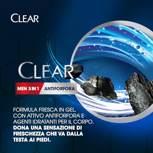 Clear Shampoo Purezza Attiva 3in1, Shampoo Antiforfora con Carbone Attivo e Acido Ialuronico per Capelli, Cute e Corpo, Shampoo Uomo, Fino a 100% Protezione dalla Forfora*, Formato 225ml