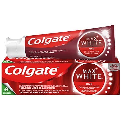 Colgate Max White One Dentifricio 12 x 75 ml, formula clinicamente testata, rimuove fino al 100% delle macchie superficiali, denti 1 tono più bianco in 1 settimana
