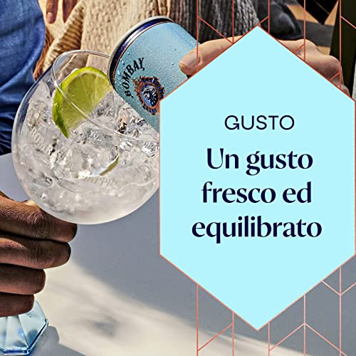 Bombay Sapphire Premium Gin & Tonic, Vol. 6,5%, 12 x 25 cl / 250 ml, cocktail pronto da bere premiscelato in lattina, London Dry Gin infuso al vapore, aromi naturali e acqua tonica premium