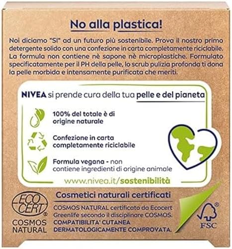 NIVEA NATURALLY CLEAN Scrub Viso Solido Pulizia Profonda 75 g, Peeling viso 100% naturale con Carbone Attivo e Acido Citrico, Scrub detergente viso con formula vegana
