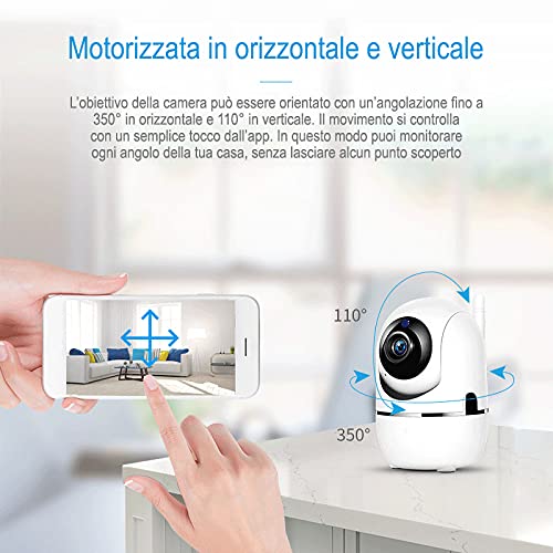 Telecamera Motorizzata Wi-Fi, Mini videocamera sicurezza interno registratore 360 gradi, 1080P, ipcamera Infrarossi, Sensore di Movimento lunga distanza, Audio a due vie, Controllo neonato tramite app