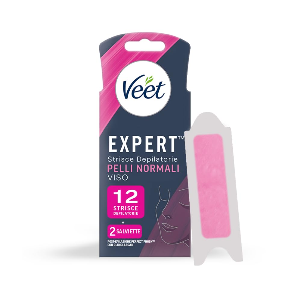 Veet Expert Strisce Depilatorie Viso, Ceretta per Pelli Normali con Burro di Karitè, Dermatologicamente Testate, 12 Strisce (6x2 Strisce) + 2 Salviette Post-Epilazione con Olio D'Argan