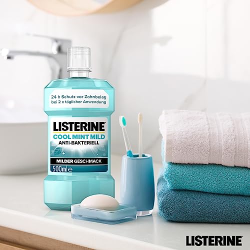LISTERINE Cool Mint Mild (6 x 500 ml), collutorio antibatterico con oli essenziali e senza alcool, collutorio combatte efficacemente i batteri, perfetto complemento per la cura dentale quotidiana