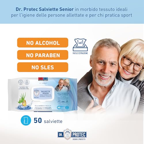 Dr Protec, Salviette Senior, maxi formato 20x27, 50 salviette con Estratto di Aloe Vera e Vitamina E