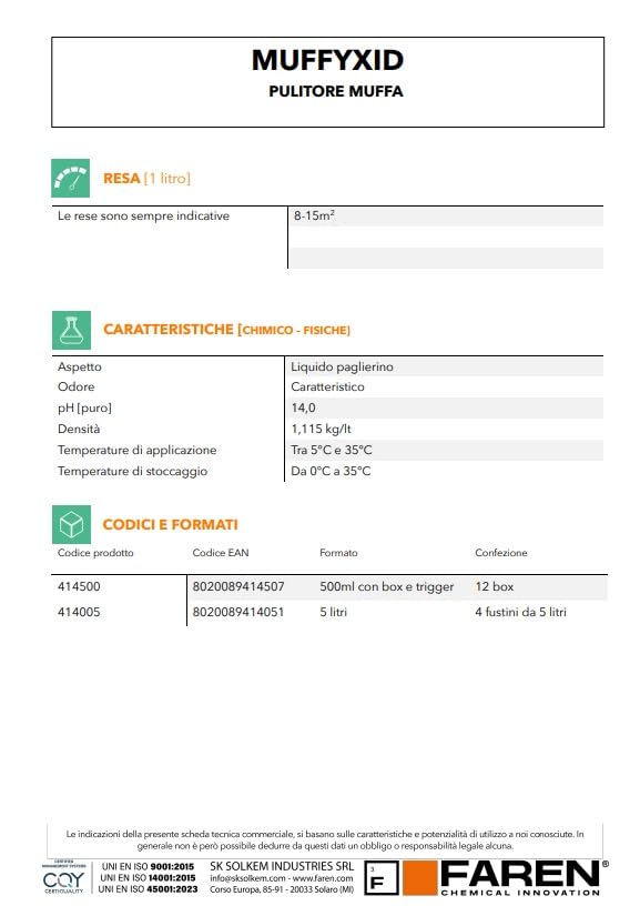 Faren MUFFYXID, Rimuovi Muffa, Antimuffa, Pulitore della Muffa ad Azione Rapida, Igienizzante, Elimina rapidamente Muffe, Funghi, Muschi e Alghe, ritarda la ricomparsa, 500ml
