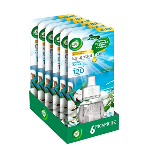 Airwick Ricariche per Diffusore Elettrico di Oli Essenziali, Confezione da 6 ricariche di Profumatore per Ambienti alla Fragranza di Soffice Cotone, Profumatore per Ambienti Elettrico