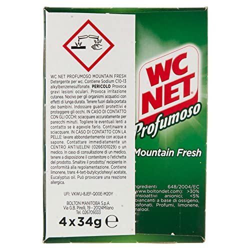 Wc Net - Tavoletta Profumoso Igiene Continua, Detergente Igienizzante Solido per WC, Azione Anticalcare e Profumo Intenso, Fragranza Mountain Fresh, 4 Pezzi