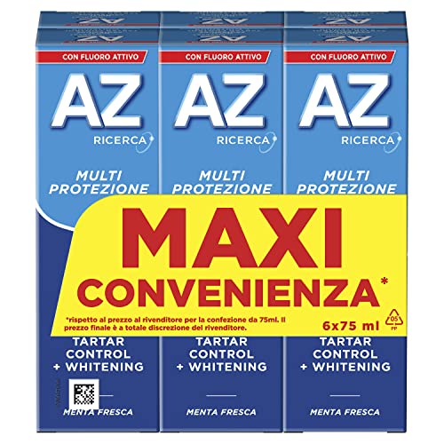 Dentifricio AZ Multi Protezione Tartaro Control, con Azione Sbiancante, Previene il Tataro, Extra Freschezza, Rimuove le macchie superficiali, Maxi Formato da 6 Confezioni X 75ml
