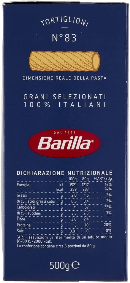 Barilla 10 x Tortiglioni No. 83 Italian Pasta 500 g Confezione