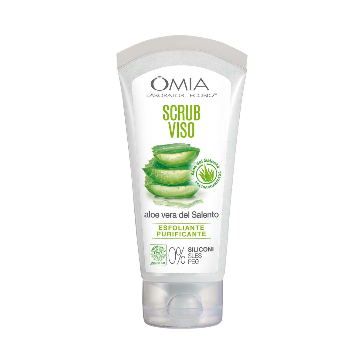 Omia, Scrub Viso Eco Bio Con Aloe Vera del Salento, Trattamento Esfoliante e Purificante, Per Pelli Normali e Miste, Senza Siliconi, Dermatologicamente Testato - Flacone da 75 ml