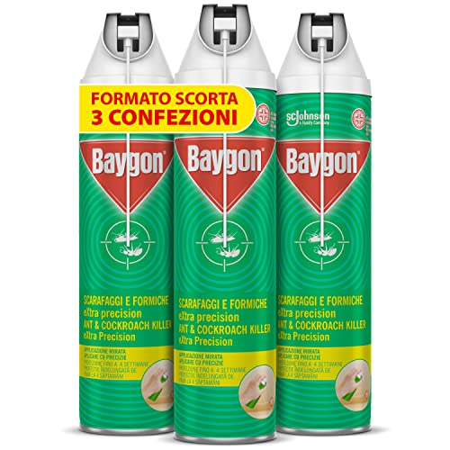 Baygon Spray con Cannuccia Extra Precision, Efficace contro Scarafaggi e Formiche, Protezione Continua fino a 4 Settimane, 3x Bombole da 400 ml