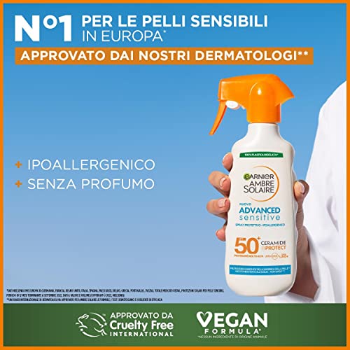 Garnier Ambre Solaire Advanced Sensitive Spray Gachette Protettivo Ceramide Protect SPF50+, 270 ml