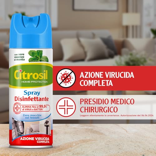 Citrosil Disinfettante Spray, Azione Virucida Completa, Elimina Fino al 99,9% di Virus e Batteri, Essenza di Menta, 300 ml