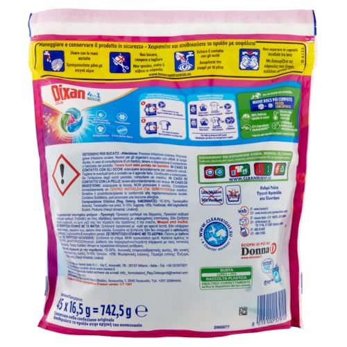 Dixan DISCS 4in1 Color Detersivo Lavatrice (45 Lavaggi), Capsule lavatrice per colori vivaci, pulizia profonda del bucato e freschezza igienica per la lavatrice, Rimuove le macchie da 20°C