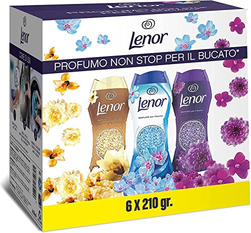 Lenor Profumatore Bucato Perle Profumate Lavatrice, 6 x 210 g, Oro e Fiori di Vaniglia