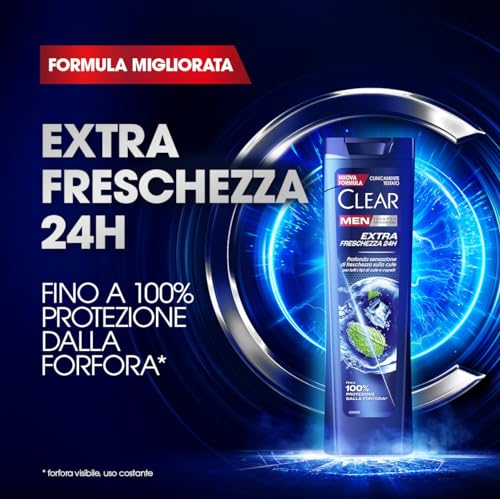 Clear Shampoo Extra Freschezza 24h, Shampoo Antiforfora con Niacinamide e Mentolo, Dona una Sensazione di Freschezza, Shampoo Uomo, Fino a 100% Protezione dalla Forfora*, Formato 225ml