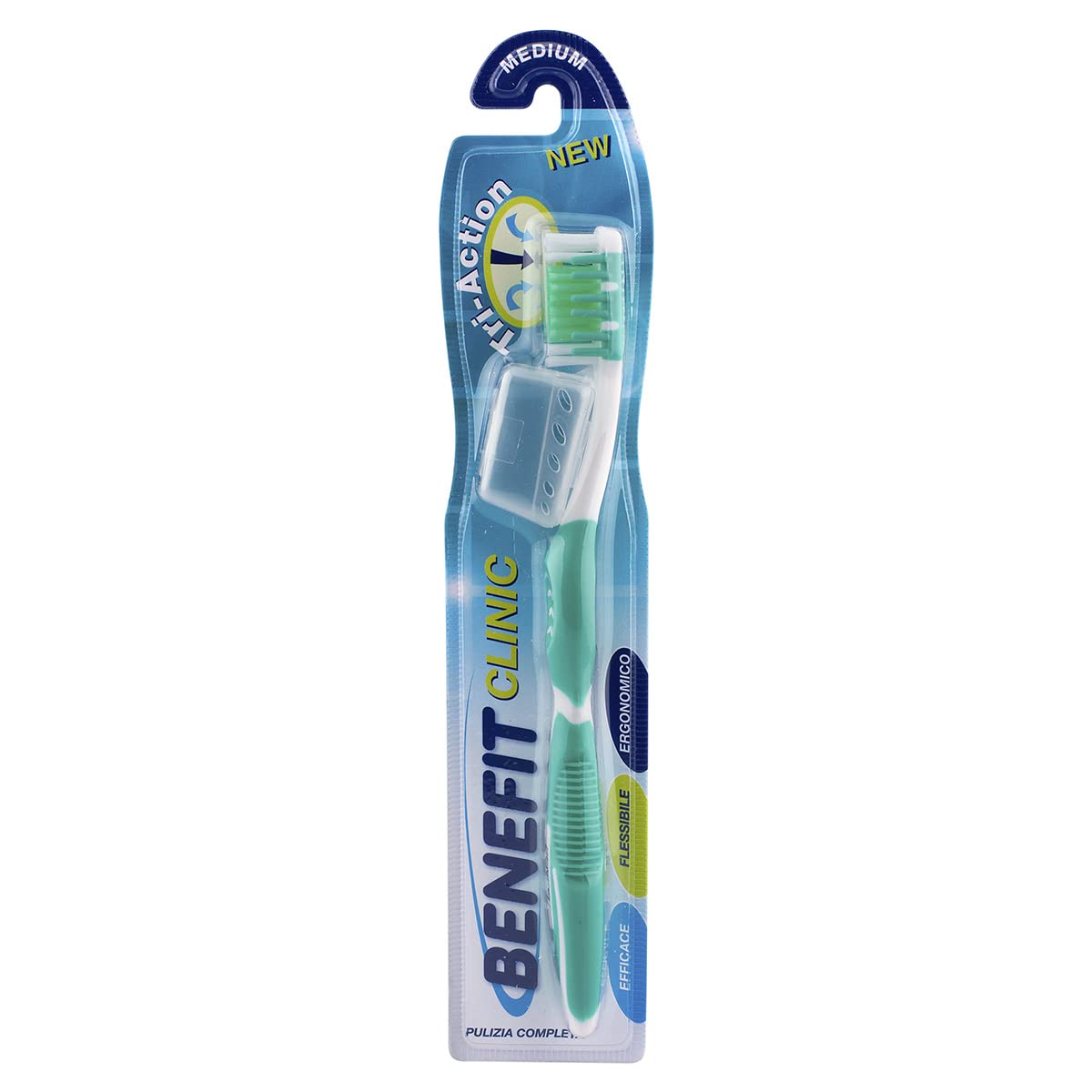 Benefit Clinic Spazzolino Medium Tri-Action, 3 Azioni in 1, Efficace, Flessibile, Ergonomico, Pulizia Completa, Manico Anatomico Antiscivolo - 1 Unità Bianco