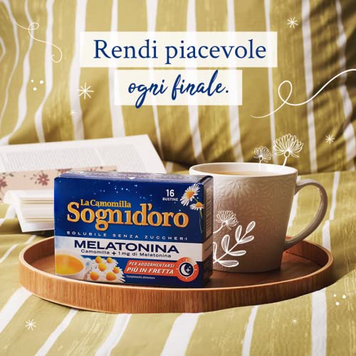 Camomilla Sogni d'oro solubile con melatonina, 16 Filtri, senza zuccheri e glutine, immediatamente solubile, facile da preparare, sonno rapido.
